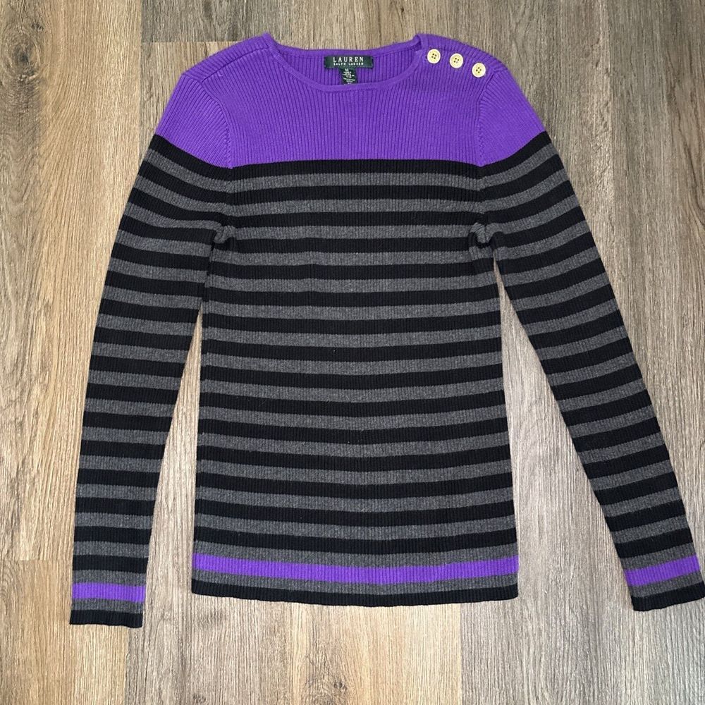 LRL Ralph Lauren Sweater Womens Medium Purple Striped Ribbed‎ Button Shoulder